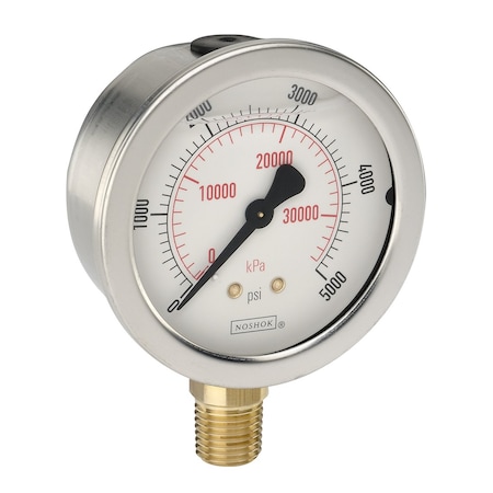 Pressure Gauge, 2.5 304SS Case, Copper Alloy Internals, 3000 Psi/kPa, 1/4 NPT Male Back Conn, Glycerin Filled, Safety Glass, 304SS Front Flange